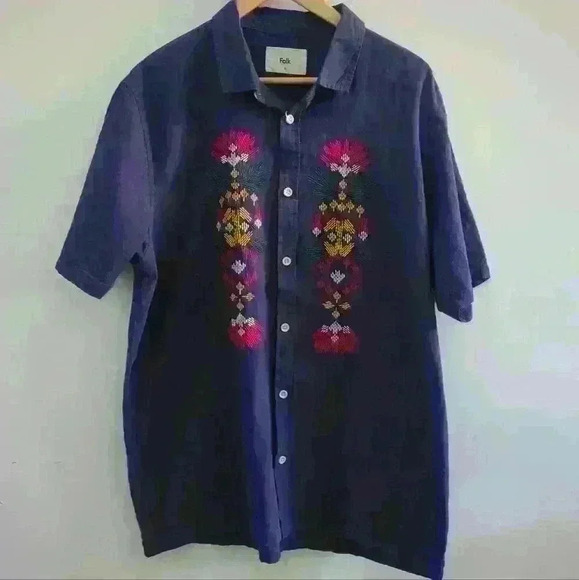 FOLK | Men's Navy  Short Sleeved Linen Blend Camp Southwestern Shirt - Picture 1 of 3